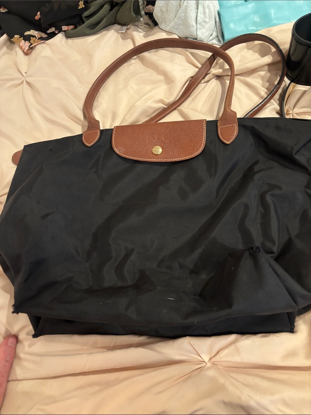 Longchamp Black Nylon Tote with Brown Leather Trim